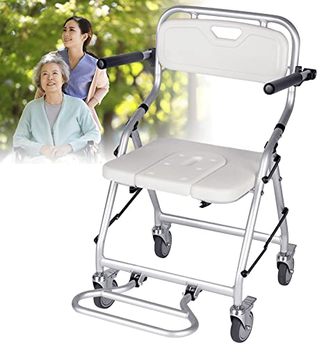 VFDZ Chaise de Douche à roulettes, Siège de Douche Pliable Adulte, Chaise Roulante Handicapé avec Plaque D'assise en U, Chaise Roulante Pliante pour Personnes Âgées