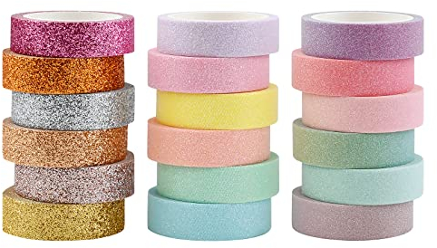 18 Rollen Washi Tape Set, 12mm Bunte Glitzernde Bänder Dekrativer Klebeband, Dekoratives Maskierungsband für Scrapbooking, Journal, DIY Kunsthandwerk, Geschenkverpackungen, Bücher, Alben, Wände