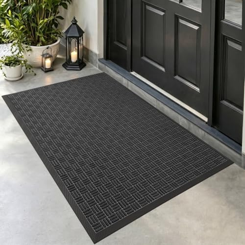 DEXI Front Door Mat Outside Entrance, 3x5 ft Large Rubber Entry Doormat Heavy Duty, Welcome Mats Non Slip for Inside House Floor Entryway Double Doors Exterior Patio, Maze Black