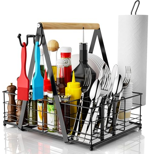 JBBTOOL Grill-Caddy mit Papierhandtuchhalter, Grill-Caddy, Camping-Caddy für Teller und Utensilien, Picknick-Gewürz-Aufbewahrungsbehälter, Wohnmobil, Terrasse, Camper, Must Haves, Outdoor-Küche,