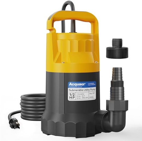 Acquaer Sump Pump Submersible Water Pump for Water Removal in Hot Tubs, Pools, Basements, and Garden Ponds, 1/2HP 2906GPH