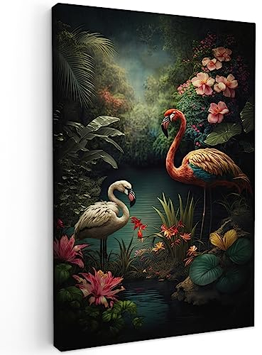 MuchoWow© Leinwand Bilder 60x90 cm Wanddeko Wohnzimmer Aesthetic Room Decor Deko Zimmer Wandbilder Modern Fotogeschenke Flamingo - Blumen - Dschungel - Vögel - Natur
