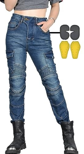 CBBI-WCCB Mujer Moto Jeans Motocicleta Pantalones con Almohadilla Protectora (FR/ES, Medida de la Cintura & Longitud de la Pernera, 32, 31, Azul)