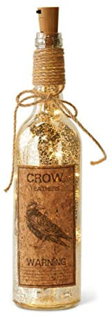 Horror-Shop LED Silberglas Flasche - Rabenfedern