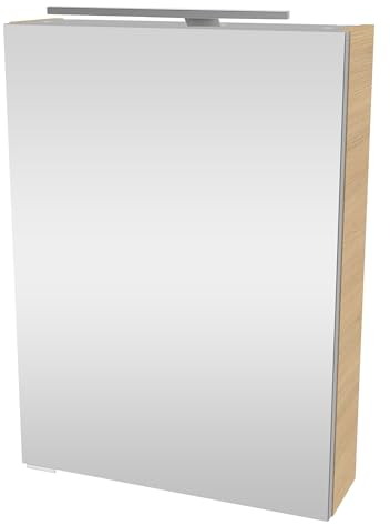 FACKELMANN B.Style Spiegelschrank mit LED-Beleuchtung – Alibertschrank für Bad und Gäste-WC (50 x 68 x 15,3 cm) – SBC Badschrank mit Spiegel in Holz Braun – Tür rechts
