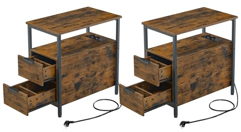 VASAGLE Beistelltisch, 2er Set, Nachttisch mit Steckdosenleiste, 2 Schubladen, Sofatisch, Nachtschrank für Wohnzimmer, Schlafzimmer, vintagebraun-klassikschwarz LCT648B01