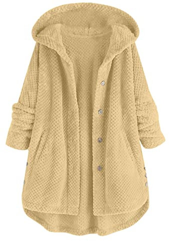 HZMM Echt Lammfell Mantel Damen Langer Mantel, einfarbige Jacke, mit Kapuze, Reißverschluss, Damenmantel Bad Mantel Damen (Beige, XL)