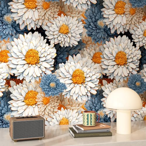 FunStick 44.5CM×9M Tapete Kinderzimmer Blumen Klebefolie Küche Weiß Blau Gänseblümchen Möbelfolie Selbstklebend Blumen Wandverkleidung Blau Weiß Folie für Möbel Wand Tapeten Selbstklebend mit Blumen