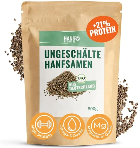 HANS Brainfood Bio Hanfsamen ungeschält - Ballaststoffreich - Natürliche Eiweiß, Omega 3 & Magnesium Quelle ohne Zusatzstoffe | Superfood vegan aus Bayern | 3x 800g