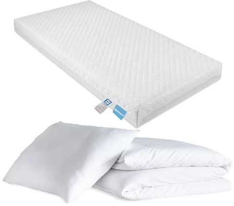 Night Comfort Baby Toddler Cot Bed Mattress 140x70x13cm with Quilted Waterproof Cover, Anti-Allergy Temperature-Regulating and Breathable Design, Complete with Premium Duvet & Pillow Set