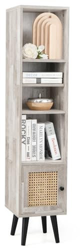 COSTWAY Slim Cube Bookcase, Freestanding Bookshelf Storage Cabinet with 12-Position Adjustable Shelf and Rattan Door, Solid Wood Legs Display Cupboard Organizer Unit for Living Room Office (Oak Grey)