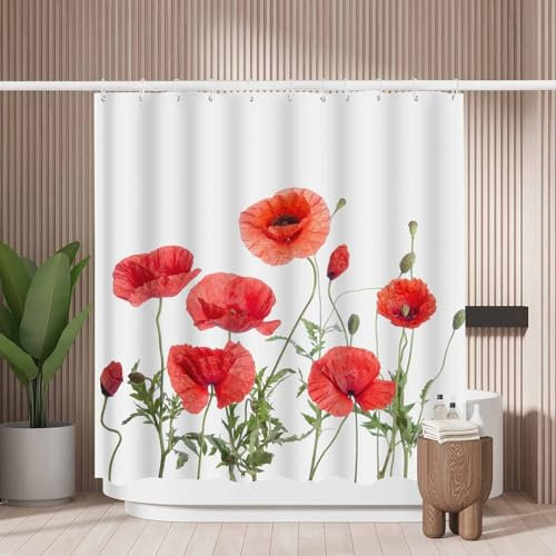 Woutay Shower Curtain Water Repellant Fabric Red Poppies,Mould Proof Resistant,Polyester,Size 180x180CM