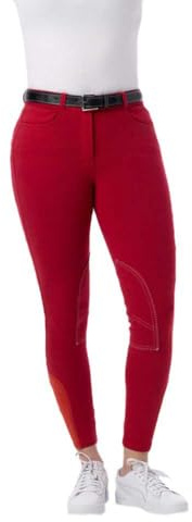 RIDING WORLD - Reithose für Damen Alexandrie | Reiterhose mit Kniebesatz aus Stoff | mit Eingrifftaschen vorn & feuchtigkeitsableitend | Reitleggings in Rot | Damen Reitbekleidung in Größe 40