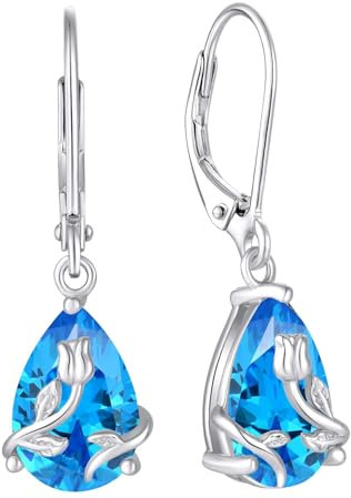 Starnny Damen Ohrringe Silber 925 Teardrop Wassertropfen Rosen blumen Ohrringe hängend Creolen Baumeln 3A Zirkonia März Geburtsstein Aquamarin Farbe Schmuck für Frauen