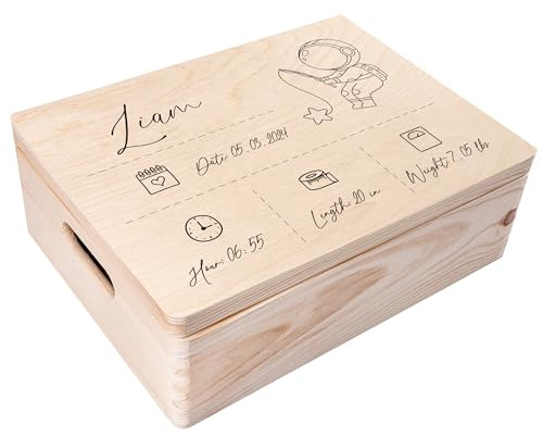 Creative Deco Erinnerungsbox Baby Holzkiste Personalisiert | 40 x 30 x 14cm | (+/-1cm) | Astronaut Motiv für Geburt & Taufe | Groß Natur Geschenk Spielzeugkiste Holzbox mit Deckel und Griffen Gravur