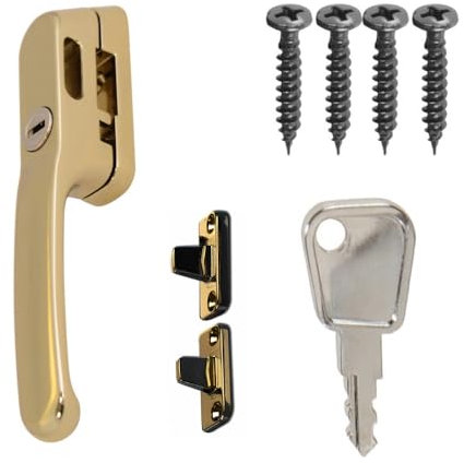 FixRello Fastener Casement Window Handle for Timber Surfaces | with Key, Mount/Wedge and Screws for Easily Installation and Security (2, Gold)
