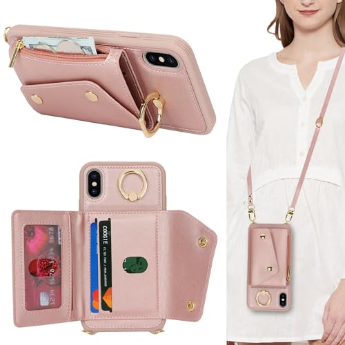 Lipvina Cover per iPhone X/XS con cordino Porta Carte Custodia iPhone X/XS con cerniera cordino Ring portafoglio donna - Rosa