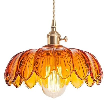 YLTLINK Gelb Lotus hängelampe Esstisch,Vintage Glas Pendellampe mit E27 Fassung, Höhenverstellbar, Modern Retro Pendelleuchte,Glas-Lotus-Schirm,Hochwertig, für Esszimmer, Küche, Wohnzimmer, Bar, Café