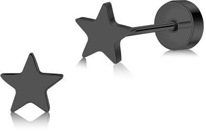 Artskin Women Flat Back Ball Stud Earrings Titanium Hypoallergenic Girls Earrings Studs for Sensitive Ears Simple Classic 5mm Flat Stud Earrings for Helix Tragus Cartilage (Star - Black)