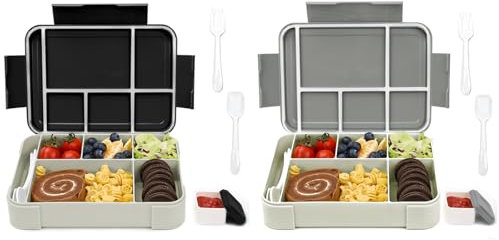 Bugucat Brotdose Kinder mit Fächern 1330ML 2 Set,Lunchbox Kinder Bento Box Auslaufsicher mit 6 Fächern Besteckset,Vesperdose Frühstücksbox für Mädchen,Brotdose für Erwachsene Schwarz Grau
