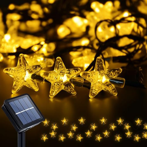 Qoosea Solar Cadena de Luces Estrella Exterior, 19.7ft 40 LED Solares Luces de Hadas Impermeable 8 Modos, Estrellas Guirnalda Luces para Navidad, Boda, Fiesta, Jardín, Patio Decorativas, Blanco Cálido