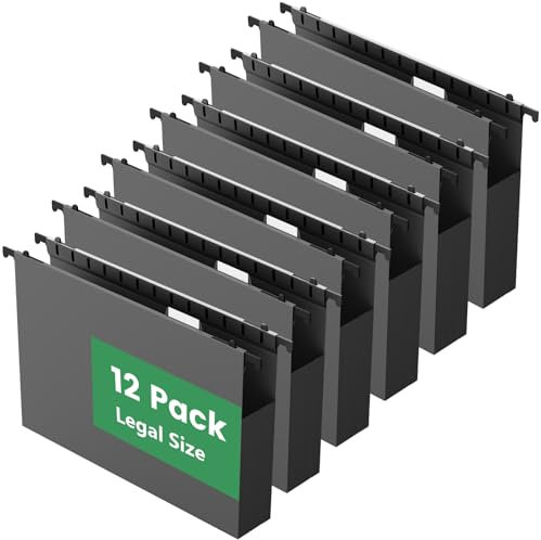 Extra Capacity Legal Size Plastic Hanging File Folders,2 Expanding Accordian Pocket with Black Insert Gasket,Heavy Duty for Filing Cabinet,Hard and Durable Hang Folders,Legal Size,12 Pack(Black)