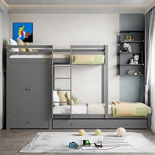Sapgaks Etagenbett für Kinder, 90 x 200 cm, mit Schubladen, Ausziehbett, Hütte, Schrank, Zwischengeschoss mit 2 Sitzplätzen, Barriere, Treppe und Stauraum – Grau