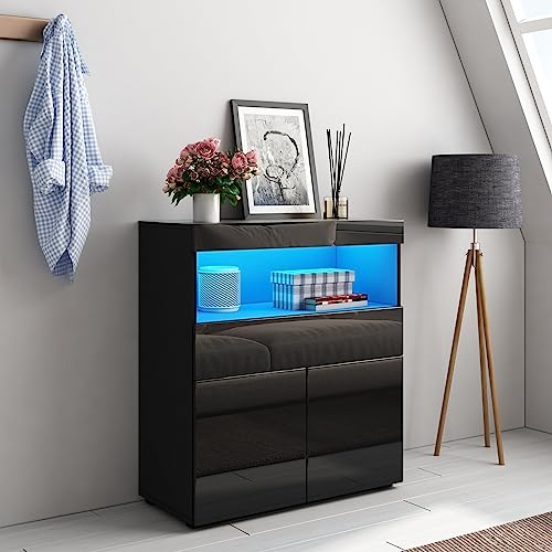 Sideboard Schrank, Modernes Wohnzimmer Schrankeinheit Hochglanz mit 2 Türen 1 Schublade und Regal für Wohnzimmer mit LED Licht, Aufbewahrungsschrank für Esszimmer Wohnzimmer Flur, 80x35x90cm (Schwarz)
