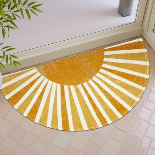 Lahome Boho Bathroom Rugs - Non-Slip Washable Half Circle Mat Small Cute Soft Bedroom Rugs, Rainbow Sun Print Indoor Rug Half Round Door Mat for Entryway Kitchen Bedside Toilet (16''x30'', Sun)