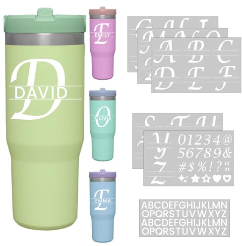 AFRITEE Calcomanías de nombre para botella de agua, 10 hojas de monograma blanco UV DTF para tazas de vidrio de 16 onzas, calcomanías personalizadas con nombre de letra para vasos, teléfonos móviles,