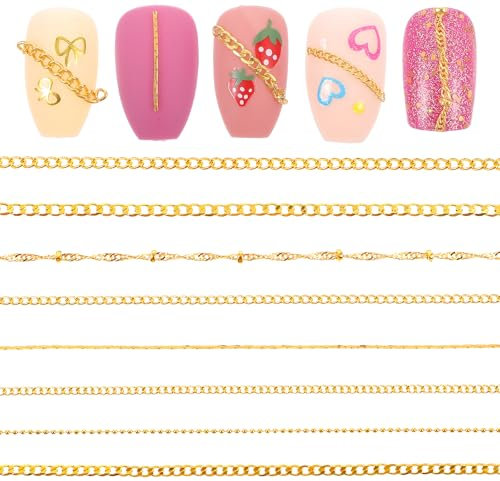 Xinjoduz 8 PCS Gold Nail Charms, 19.7 Inch Metal Ball Nail Charms Gold Charms Beads for Nails Art Bling Chain Nail Charms Jewelry Accessories for Women DIY Making Nails (Gold, 8 Style)
