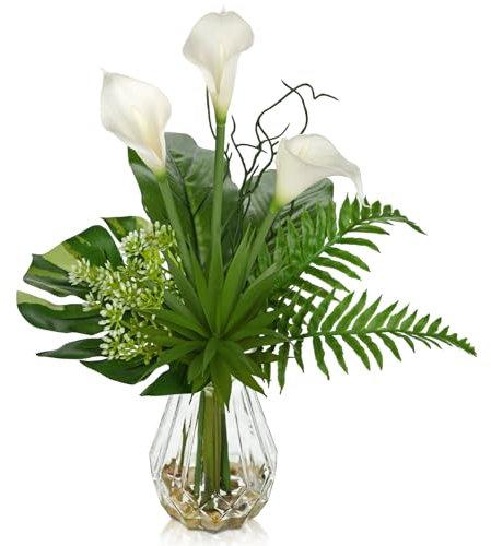 Briful Fake Plants in Glass Vase with Stone and Faux Water, Mixed Palm Calla Lily Succulents Monstera Floral Arrangements, Realistic Potted Artificial Plants for Home Farmhouse Weddings Table Decor