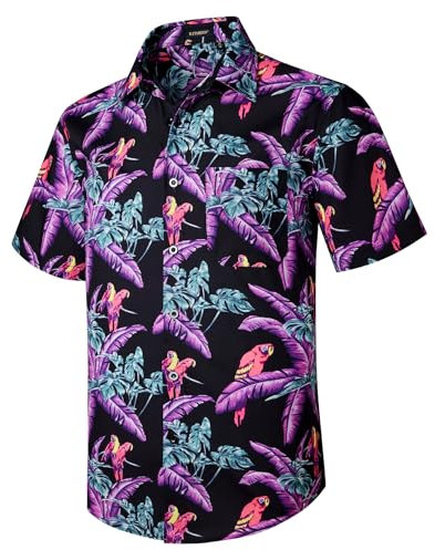 Rithern Camicia Uomo Hawaiana Manica Corta Estiva Camicia Uomo Spiaggia Casual Uccellino Stampa Bottoni con Tasca Frontale Nero & Viola L