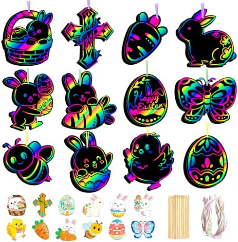 Leesgel Ostern Kratzbilder für Kinder,50 Stück Regenbogen Kratzpapier Hängekarten,Osterdekoration für Kinder DIY Kaninchen,Kleinigkeiten zu Ostern für Kinder,Ostergeschenk Kinder