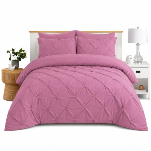 CONCEPT HOME King Size Pintuck Duvet Cover Set with 2 Pillowcases – Pinch Pleat Textured Bedding Set – Soft Poly Cotton Easy Care Bed Set – Charcoal/Soft Pink