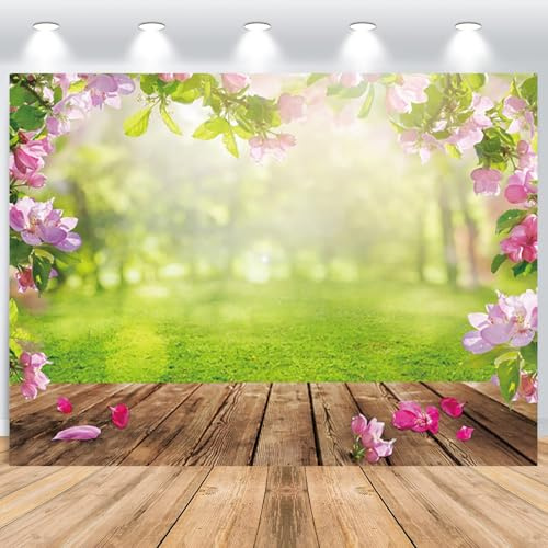 ASDCXZ Frühling Blumen Fotohintergrund 2.2x1.5m, Rosa Blumen Grün Gras Holz Boden Fotografie Hintergrund für Kinder Geburtstag Hochzeit Babyparty Ostern Outdoor Party Dekoration Studio Requisiten