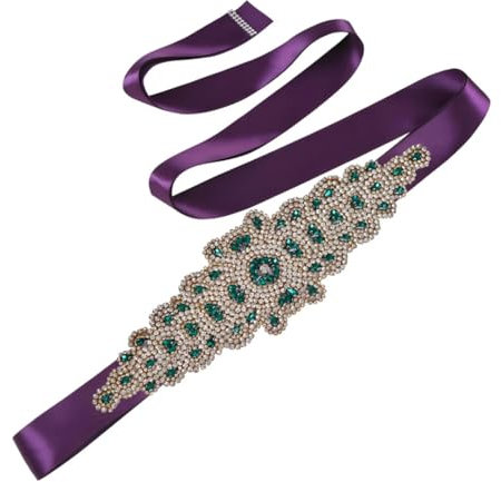 Cintura larga da donna per matrimonio, color oro, con diamanti smeraldi, toppa per gioielli, feste, cintura da sposa, Nastro viola., Etichettalia unica
