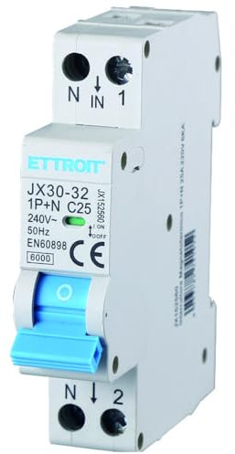 230V 25A C25 INTERRUTTORE MAGNETOTERMICO 240V AC, MONOFASE, OCCUPA 1 MODULO GUIDA DIN, 1P+N, 6KA 6000 AMPERE, INTERRUTTORE DI CIRCUITO