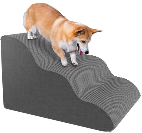 Pet Stairs for Small Dogs & Cats – Comfortable Curved Design, Waterproof Cover, High-Density Foam Steps, Durable & Lightweight, 3-Layer Structure, 21.7 x 15.7 x 13.8 Inches – Grey