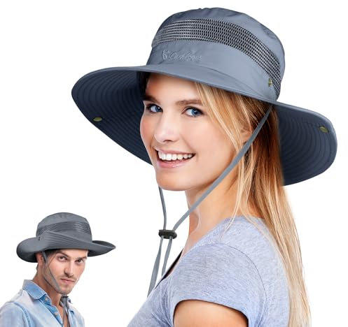 BSBUY Sonnenschutzhut UPF 50+ UV-Schutz Herren Sonnenhut Wasserdichter Fischerhut Bucket Hut Damen Breite Krempe Buschhut mit Kinnband Mesh Angelhut Sonnenhüte Outdoor Angeln Jagd Camping (Dunkelgrau)