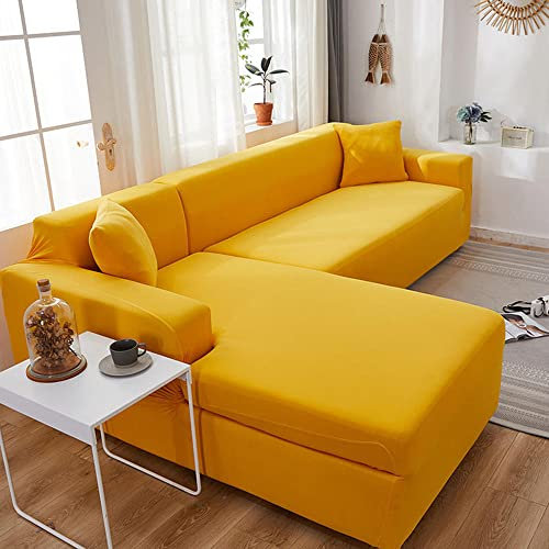 Super Stretch Soft Non Slip L Shape Sofa Cover 2 Pieces Spandex Slipcover Set with Elastic Bottom for L-Shaped Sectional Sofa Anti Slip Furniture Protector Couch Cover for 1 2 Seater + 2 Sea