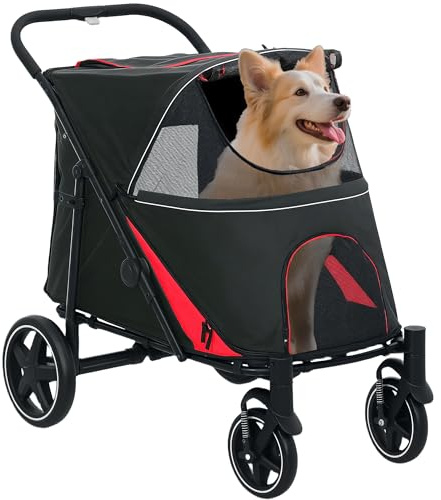 PawHut 4-Rad faltbarer, mittelgroßer Hundekinderwagen mit Reißverschlusseingängen und Mesh-Fenstern, Haustierkinderwagen aus Stahl und Oxford-Gewebe, 112x65x100 cm, rot und schwarz