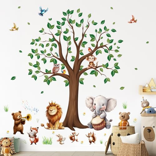 SHUCHING Wandtattoo Große Baum Tiere, Wandaufkleber Waldtiere Elefant Löwe, Selbstklebend Wandsticker für Spielzimmer Kinderzimmer Babyzimmer