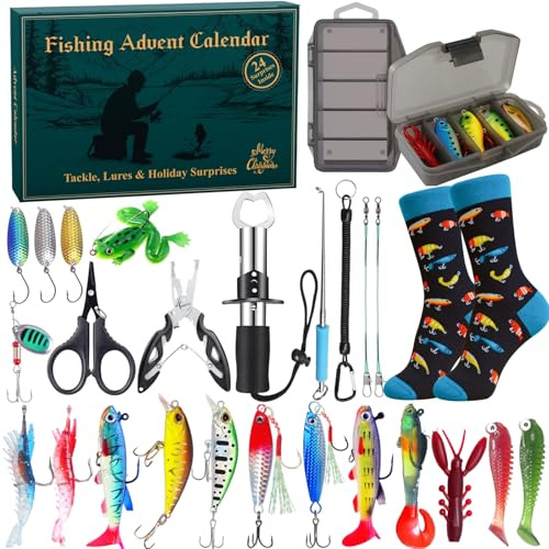 Fishing Adventskalender 2025 für Männer, 24 Tage Fishing Tackle Adventskalender mit Ködern, Werkzeugen, Tackle Box & Urlaub Überraschungen, Weihnachten Countdown Geschenk für Männer, Papa, Ehemann