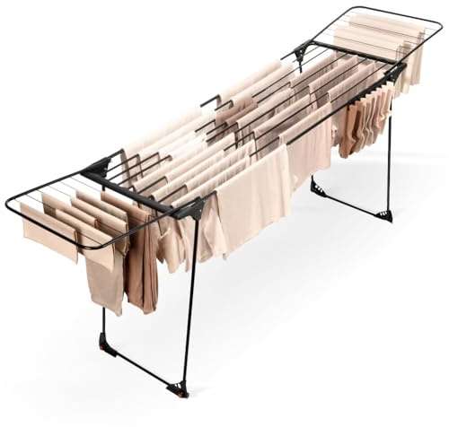 Vilde Ausziehbarer Wäscheständer XXL - Teleskopischer Schwarz Metallkonstruktion 204-260cm - Wäscheständer Stabil & Platzsparend - 23,6m Trockenfläche & 25kg Tragkraft - Innen/Außen, Rollen, Klappbar