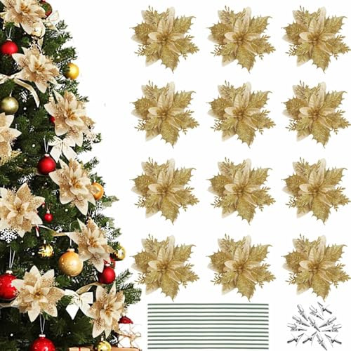 12 Stück Weihnachtsblumen Glitzer, Weihnachtsstern Blumen Simulationsblumen Künstliche Blumen mit Vorbauten Und Clips Weihnachtsbaum Christbaumschmuck Xmas Ornamente 14 * 14cm (Gold)