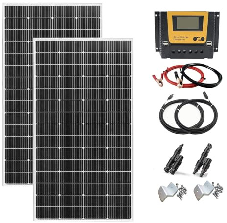 Solarpanel 400W Set Kit 12V, 2 x 200 Watt Solarmodul mit 60A Laderegler, Solaranlage Wohnmobil Komplettset Wohnwagen 12v für Batterien Häuser Balkon Flachdach Camping Camper