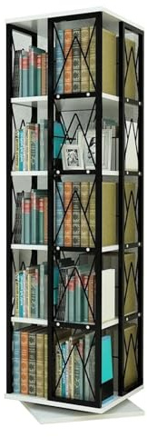 GOOPEEG Regal für Sammlerstücke 5-stufiges Drehbares Bücherregal Aus Holz, Aufbewahrungsregal, Bücherregale, Stahlrahmen, Bodenstehendes Büroregal, Offene Ablagen(Black+White)
