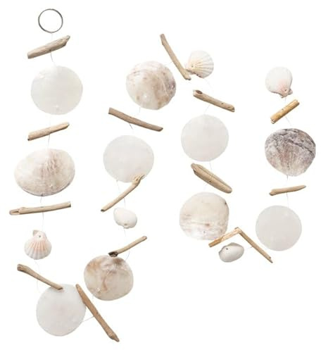 Capiz Girlande aus Muscheln mit Treibholz – Muschelgirlande maritim, Hängedeko für Fenster, Wand & Tür, Coastal Boho Strandhaus Deko, Weiß/Natur