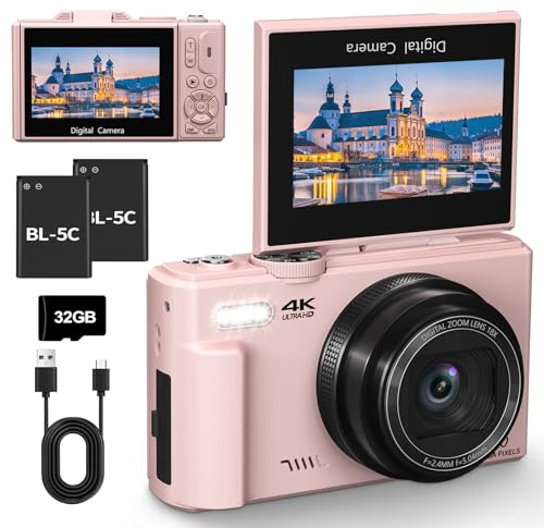 4K Digitalkamera mit WLAN 64MP Kompaktkameras 3 Inch 180 Grad Autofokus Wiederaufladbare Vlogging Fotoapparat Kamera mit WiFi